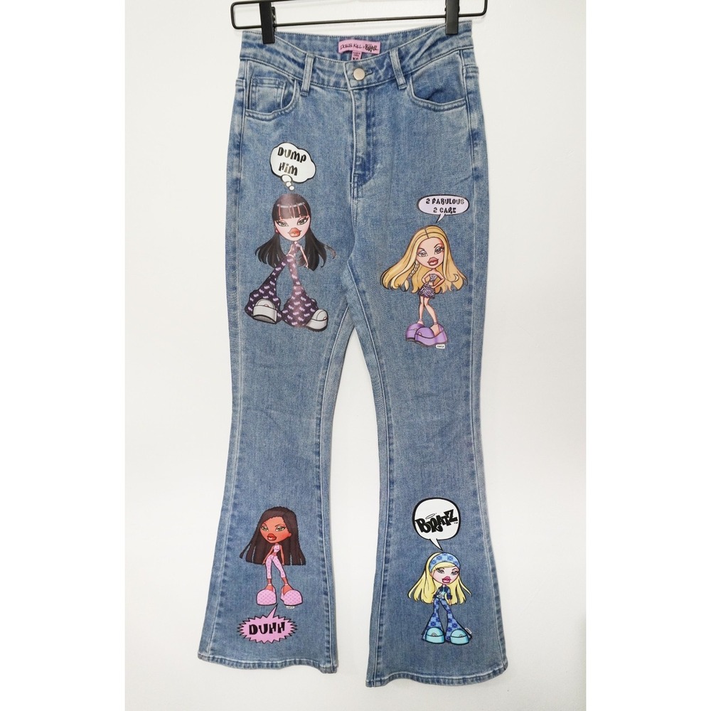 Dolls Kill x Bratz Denim Flare Jeans Y2K Style Doll Graphics Womens Size XS 32